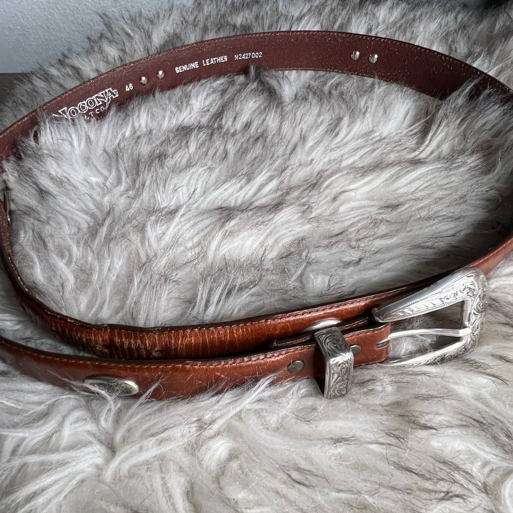 Nocona brown leather belt and ornate silver belt buckle